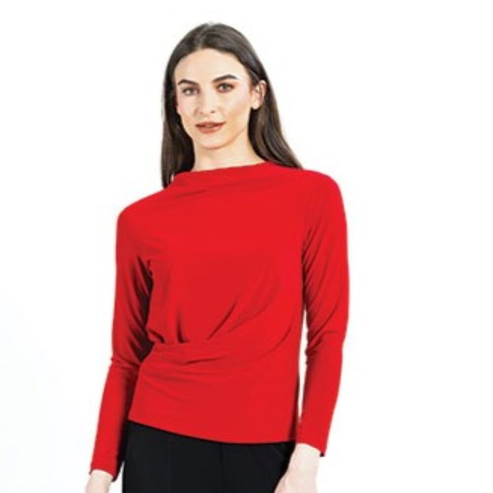 High Boat Neck Side Draped Top - Red